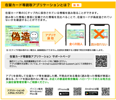 在留カード等読み取りアプリケーションで、在留カード等のICチップ内に保存されている情報を読み取り、偽造を見抜くことができます。